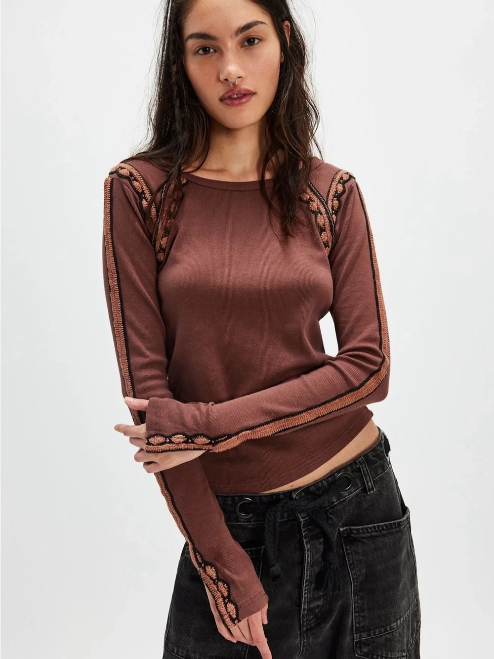 NWT Free People Lost Love Long Sleeve in Chocolate Torte Combo